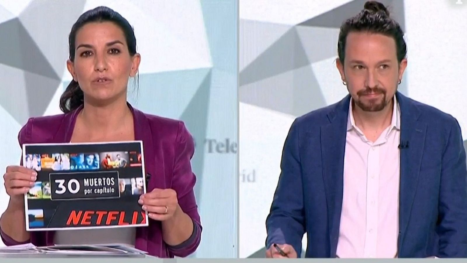 Rocío Monasterio (Vox) y Pablo Iglesias (Podemos), durante el debate de las elecciones del 4M en Telemadrid