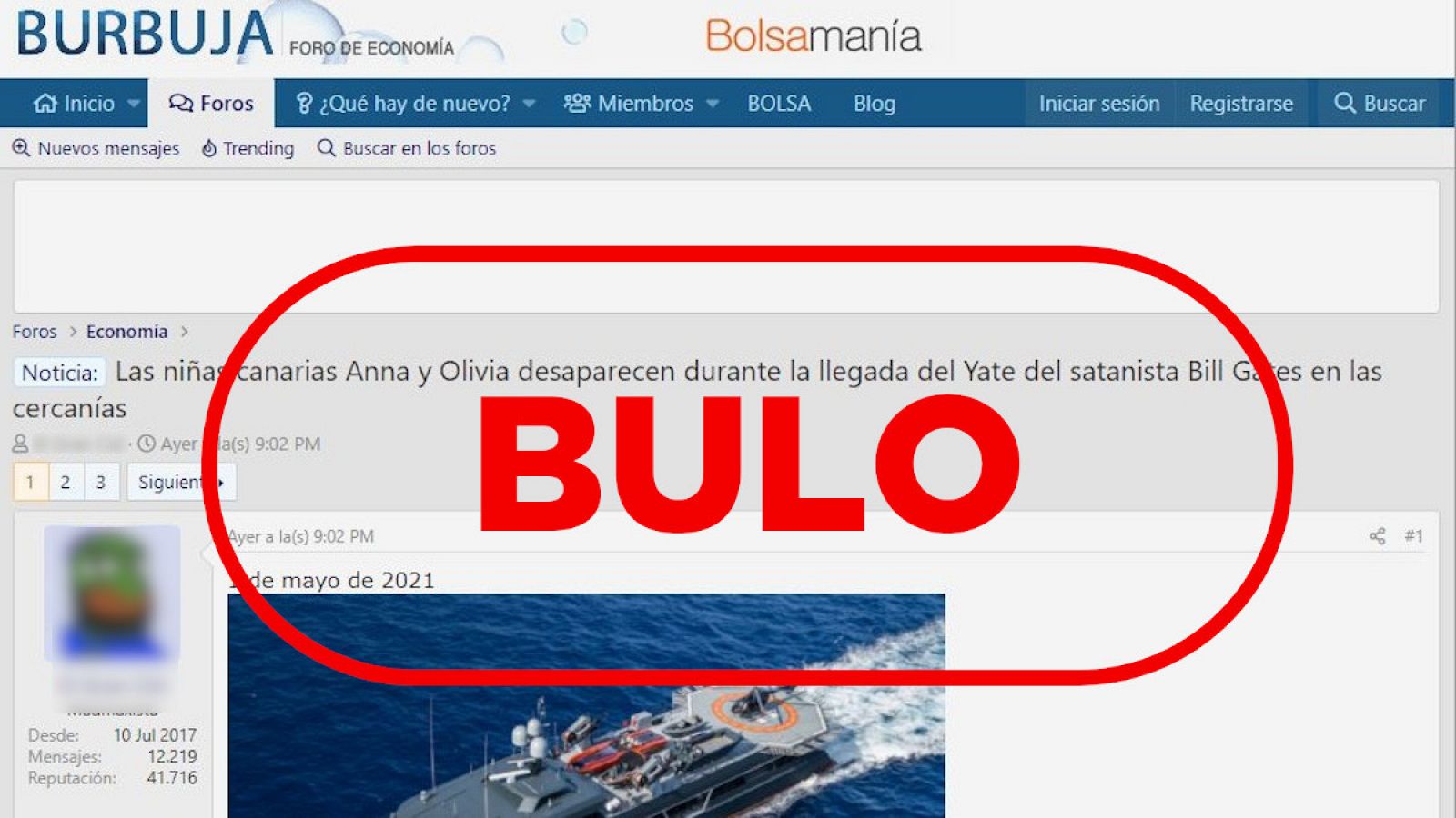 Imagen de una web conspirativa que acusa a Bill Gates de haberse llevado a las niñas de Tenerife con el sello de bulo.