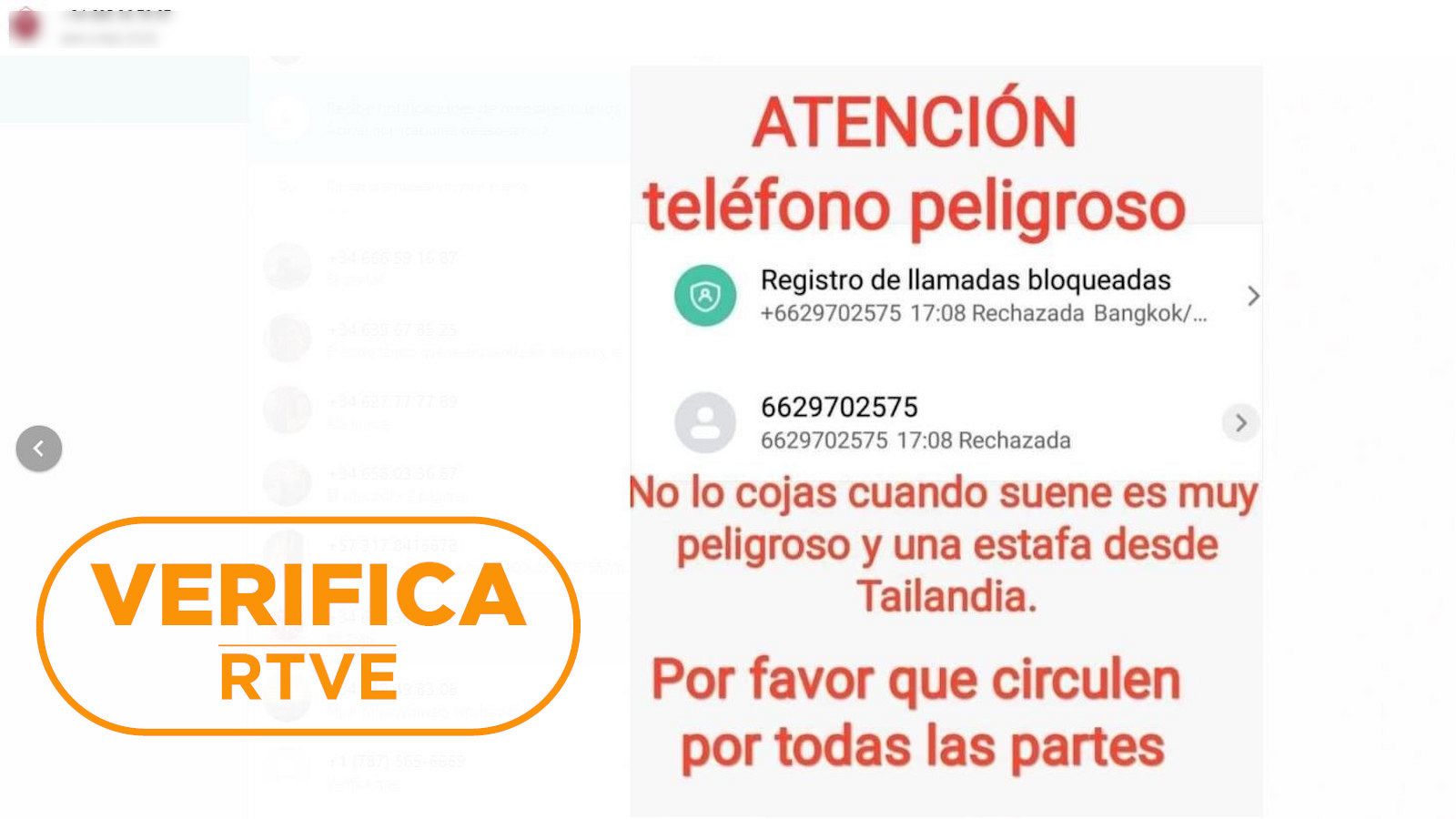 Imagen alertando de la estafa telefónica desde el número +6629702575 con el sello de VerificaRTVE.