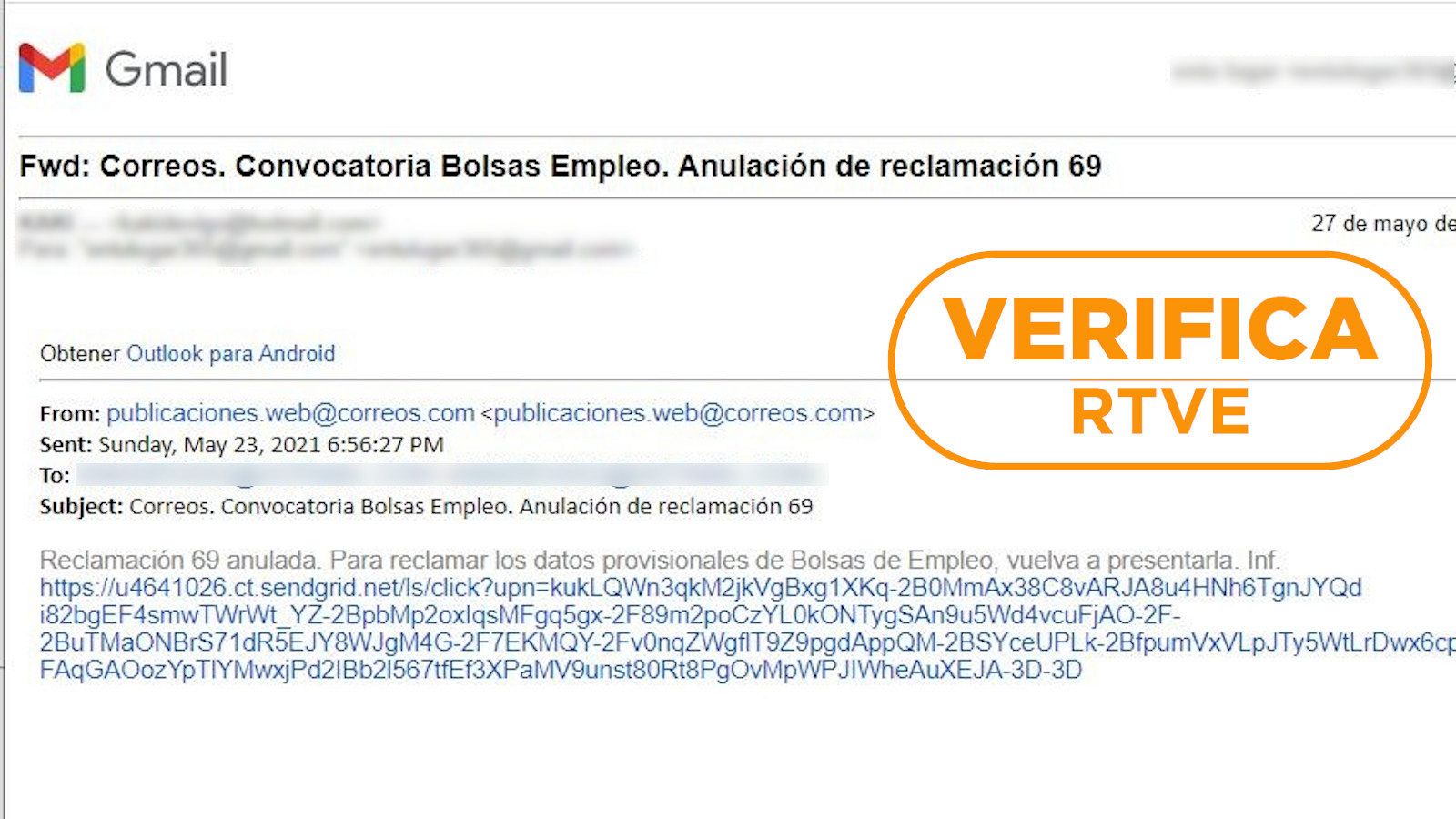 Email enviado por Correos con apariencia de phishing y el sello de VerificaRTVE.
