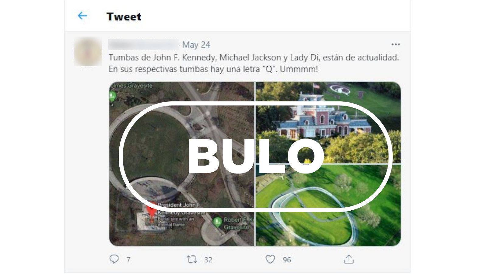 Tuit en el que se insinúa que hay un mensaje secreto del movimiento qanon en las tumbas de JFK, Michael Jackson y Lady Di con el sello de Bulo.