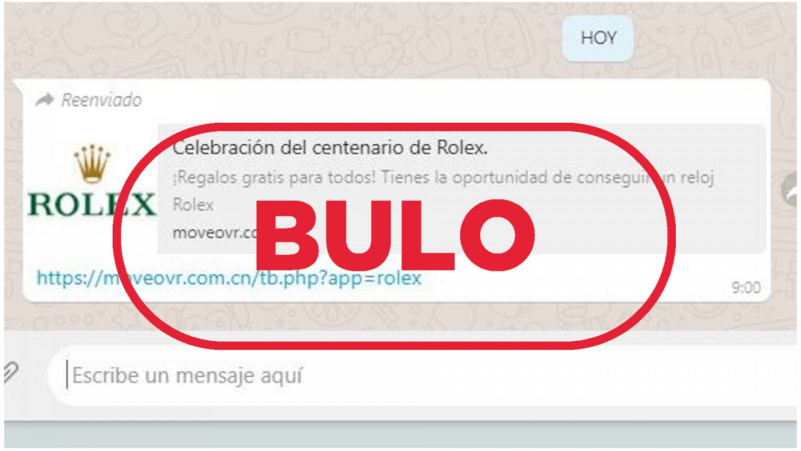 Mensaje de phishing suplantando a Rolex con el sello bulo en rojo de VerificaRTVE