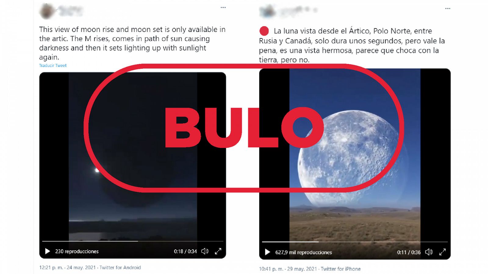 Dos mensajes de Twitter que muestran el vídeo falso de la Luna acercándose a la Tierra con el sello bulo en rojo de VerificaRTVE