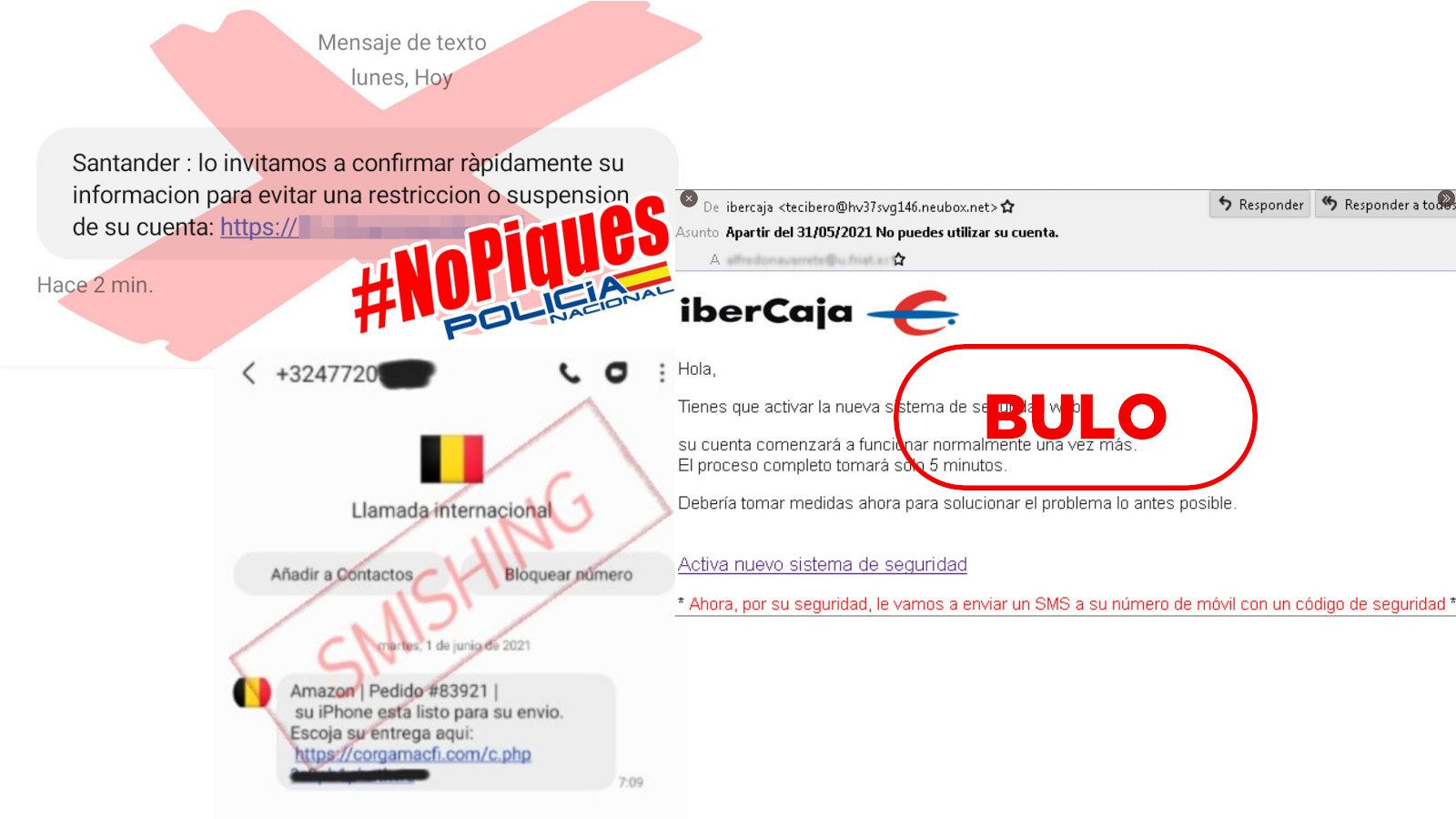 Capturas de los mensajes fraudulentos con la advertencia de Policía Nacional, Mossos y Guardia Civil.