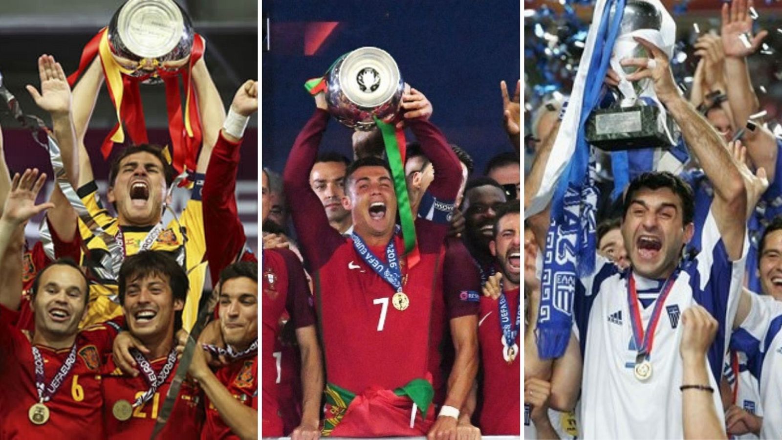 Casillas, Cristiano Ronaldo y Zagorakis levantan el trofeo de la Eurocopa