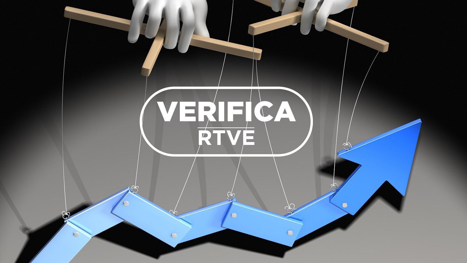 Dos manos manejan los hilos de una flecha propia de un gráfico estadístico con el sello de VerificaRTVE.