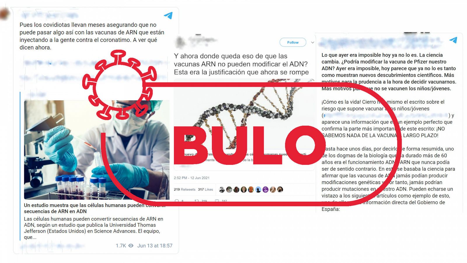 Imágenes de mensajes que dicen que un estudio científico confirma que las vacunas contra la COVID cambian el ADN con el sello bulo en rojo de VerificaRTVE