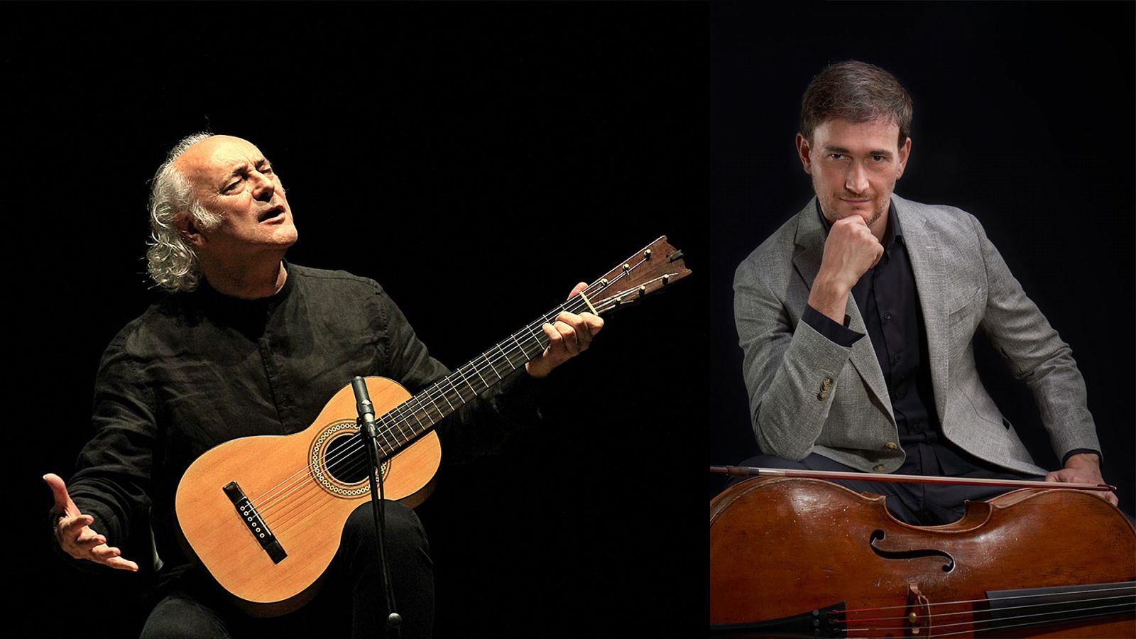 El cantautor Amancio Prada y el solista de violonchelo de la Orquesta Sinfonica RTVE, Javier Albarés