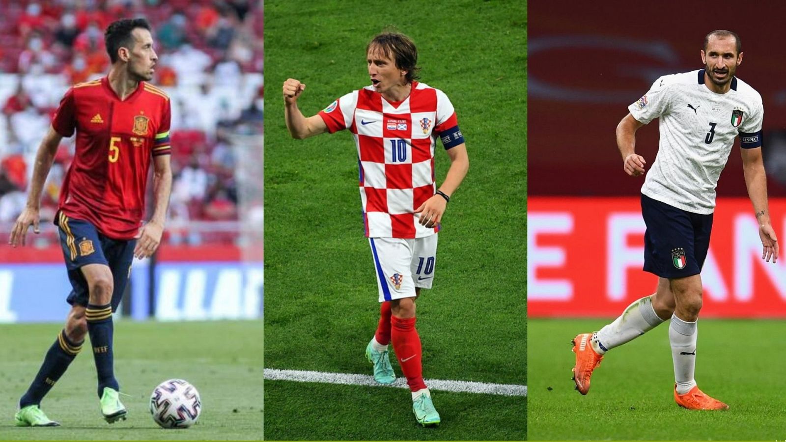 Busquets, Modric y Chiellini, futbolistas con numerosas participaciones en sus selecciones.