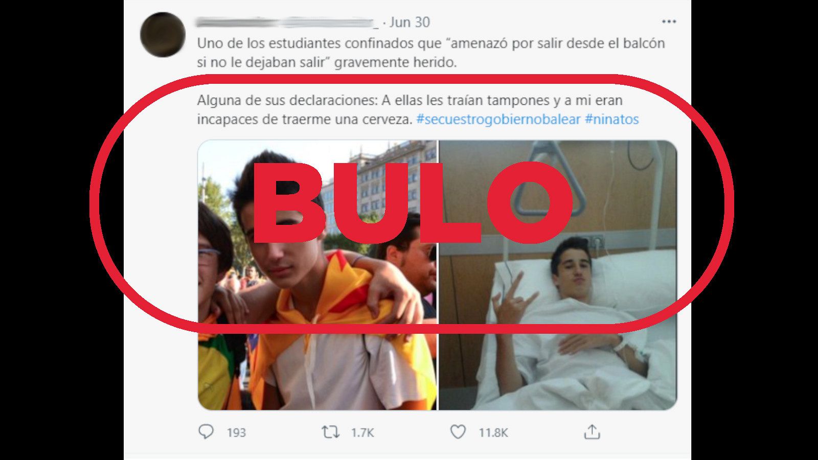 Tuit falso sobre un estudiante confinado y herido en Mallorca con el sello de bulo.