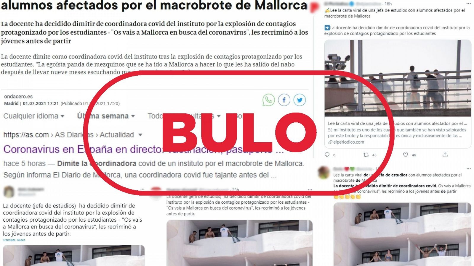 Varias publicaciones sobre la supuesta dimisión de una profesora en Mallorca con el sello de bulo.