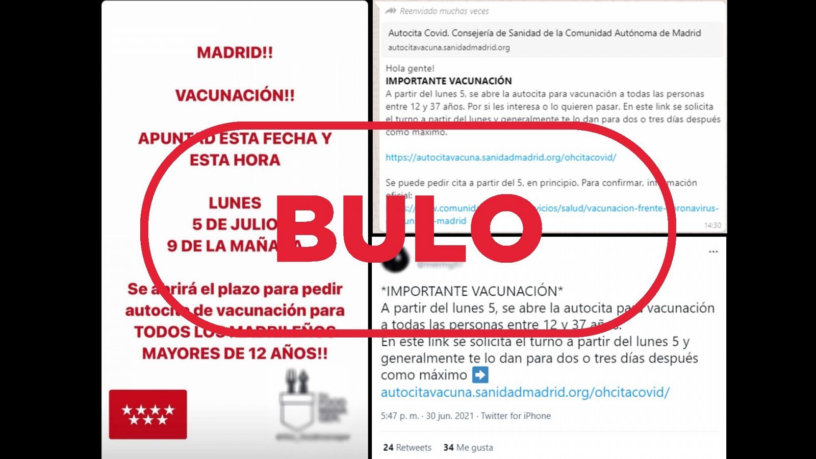 Avisos de la falsa autocita para la vacunación a personas de entre 12 y 37 años en Madrid con el sello de bulo
