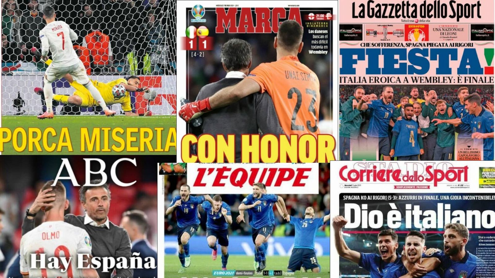 Fotomontaje con las portadas de los periódicos tras el Italia - España de la Eurocopa.