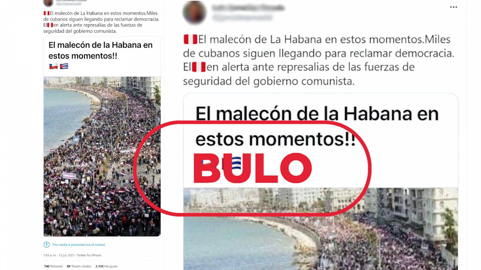 Imagen del mensaje de Twitter que presenta una foto de Egipto como si fuera de las protestas en Cuba con el sello bulo en rojo de VerificaRTVE