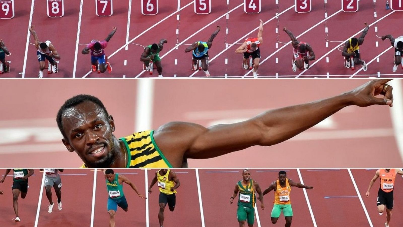 Fotomontaje de los 100m lisos en Tokyo 2020 junto a Usain Bolt.