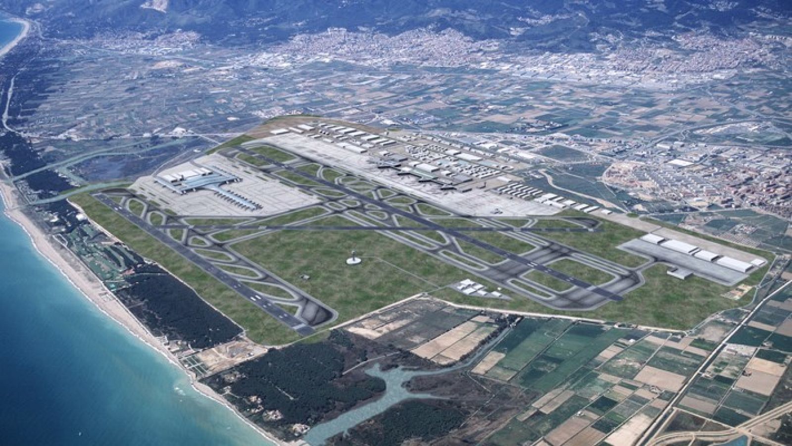 Imatge zenital de l'Aeroport del Prat actualment i els terrenys per on s'ha d'ampliar la tercera pista