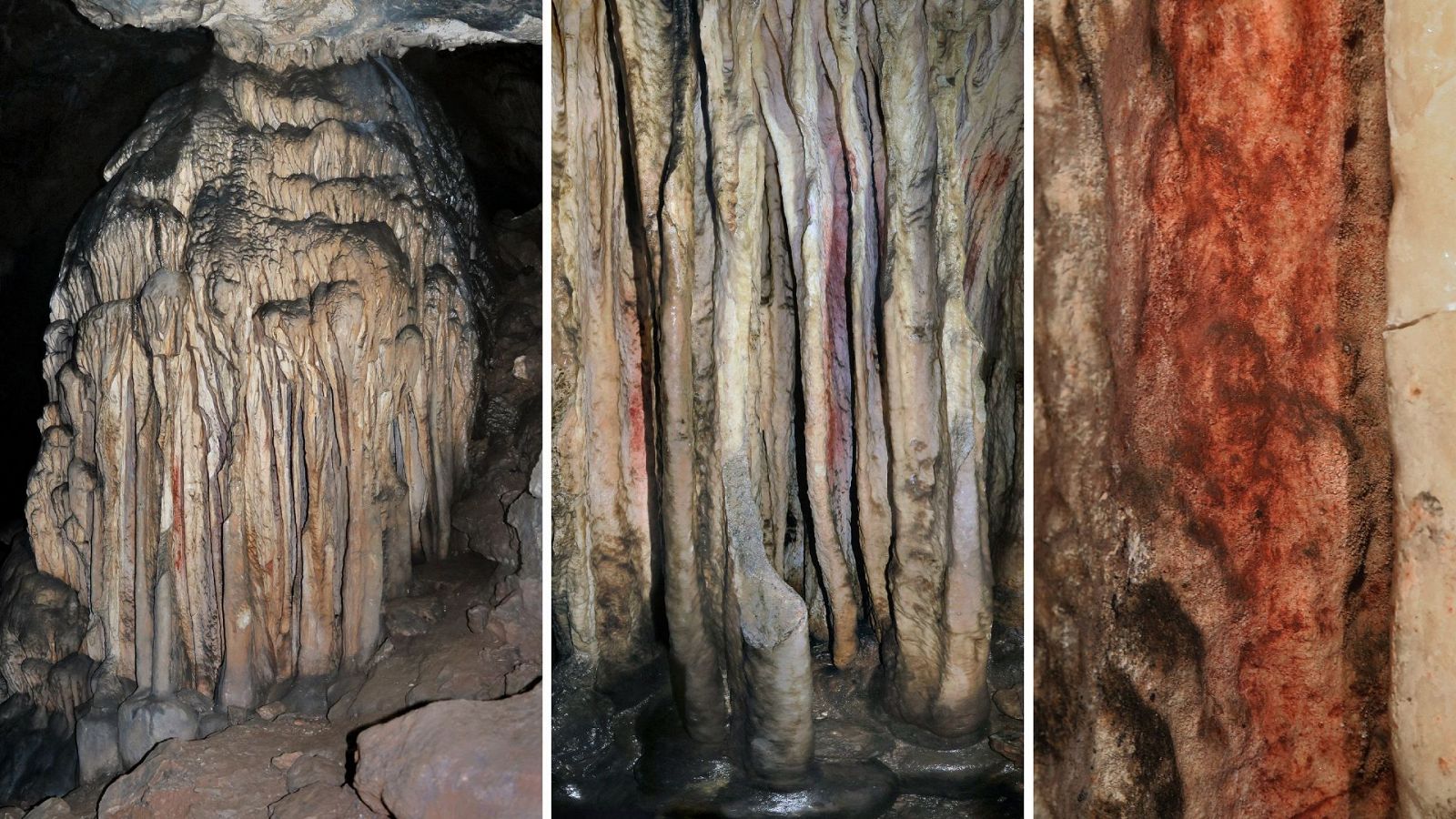 Torre de estalagmitas parcialmente coloreada en la cueva de Ardales