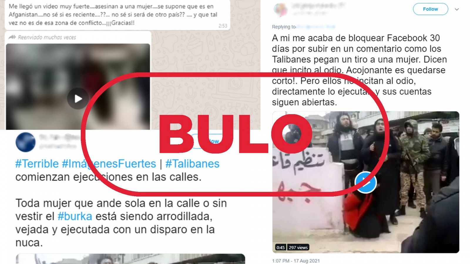 Varios mensajes hablan del vídeo de la ejecución de una mujer. No corresponde a Afganistán, sino a Siria. Con el sello bulo