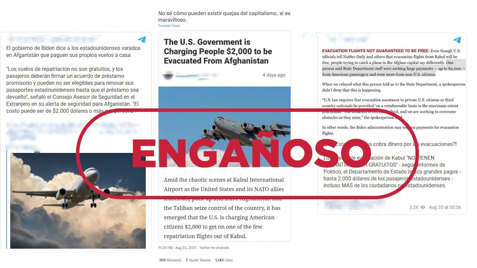 Mensajes de redes que dicen que Estados Unidos cobrará 2.000 euros a cada persona evacuada de Afganistán con el sello engañoso en rojo de VerificaRTVE