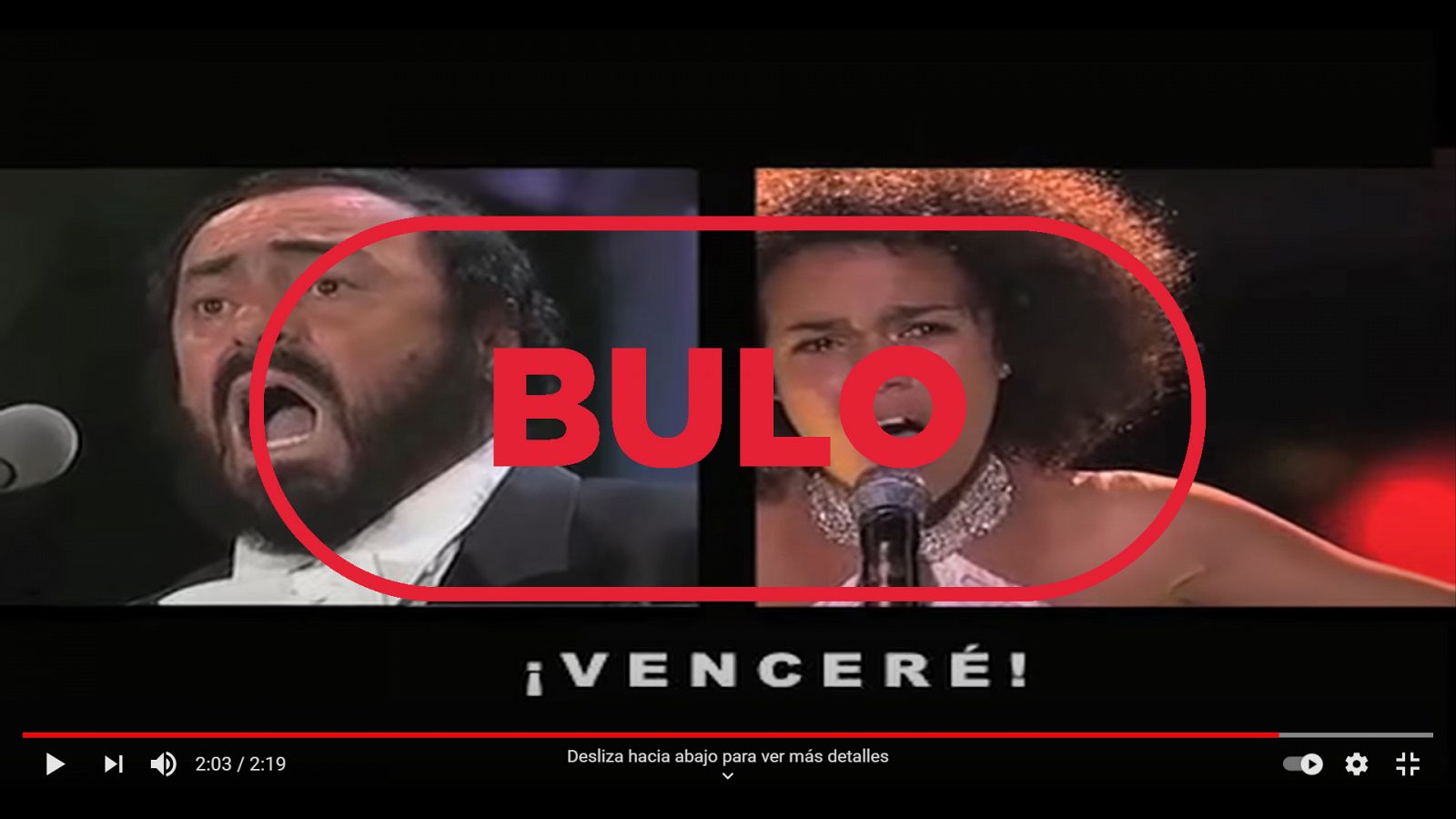 Captura de un vídeo de Sislena Caparrosa, cantante española, y Luciano Pavarotti. Caparrosa no es nieta de Pavarotti. Sello bulo de Verifica sobreimpreso.