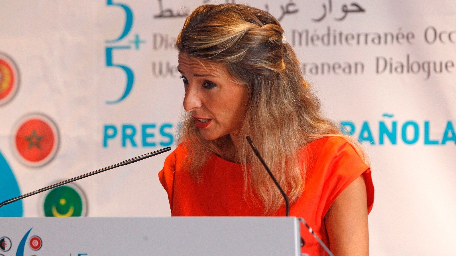 Yolanda Díaz durante la rueda de prensa y presentación del Foro Mediterráneo Occidental