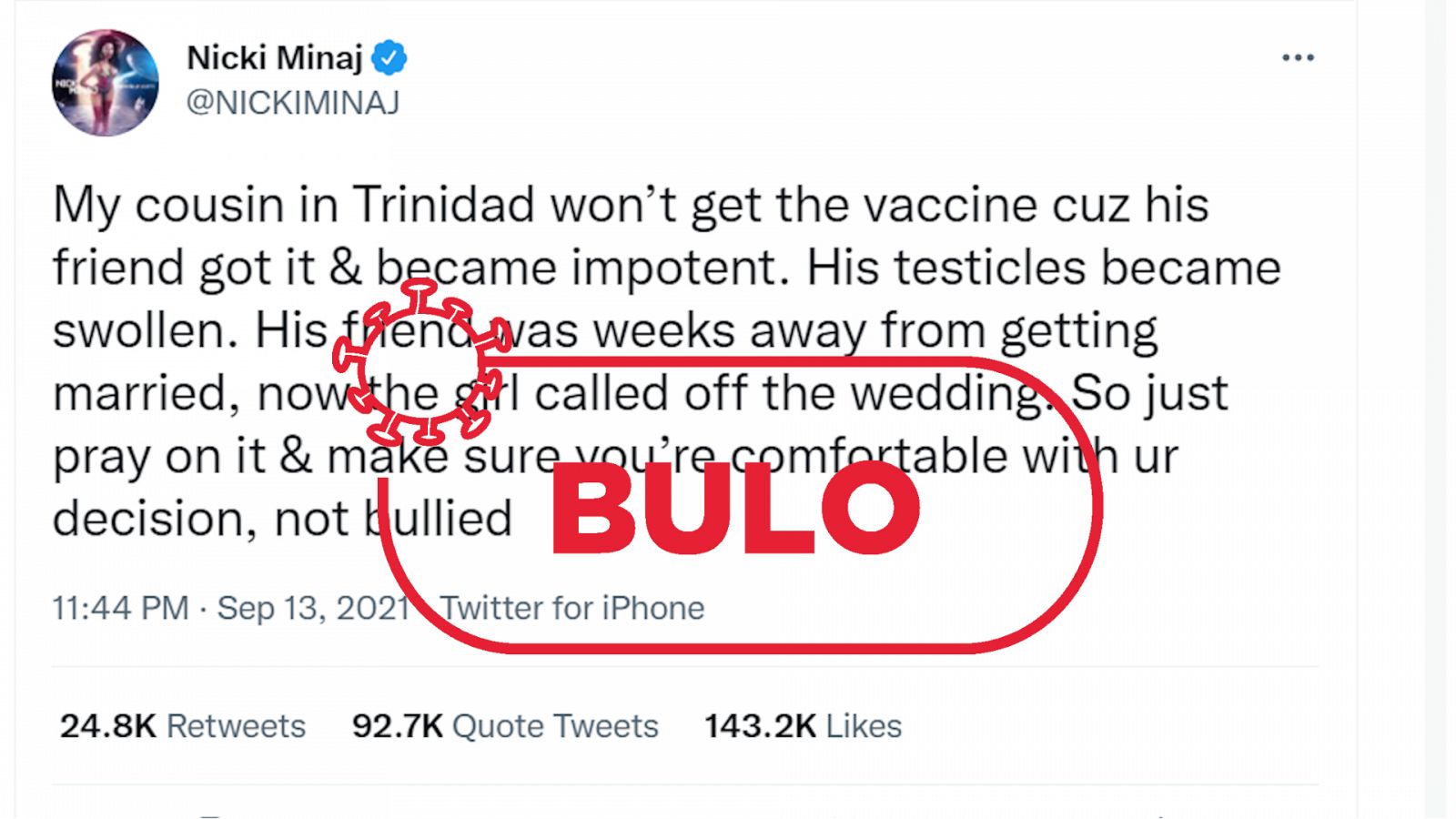 Imagen del tuit de Nicki Minaj que dice que la vacuna contra la COVID-19 causa impotencia y deja los testículos hinchados, con el sello bulo en rojo de VerificaRTVE