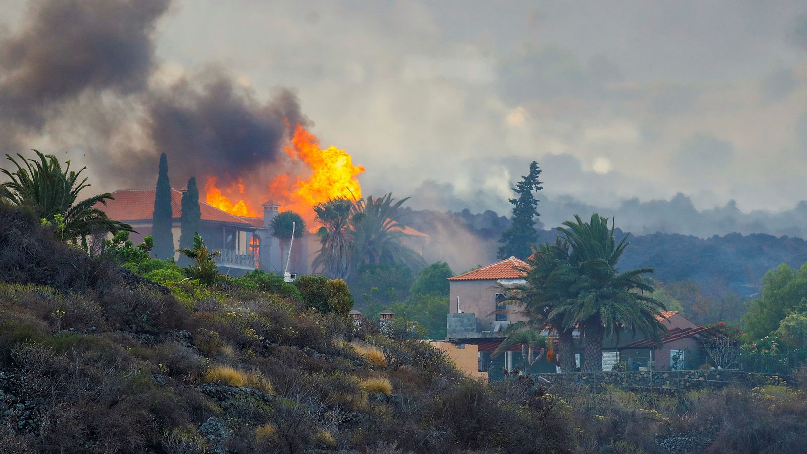 Imagen de la erupción cerca de viviendas en Los Campitos, La Palma. 