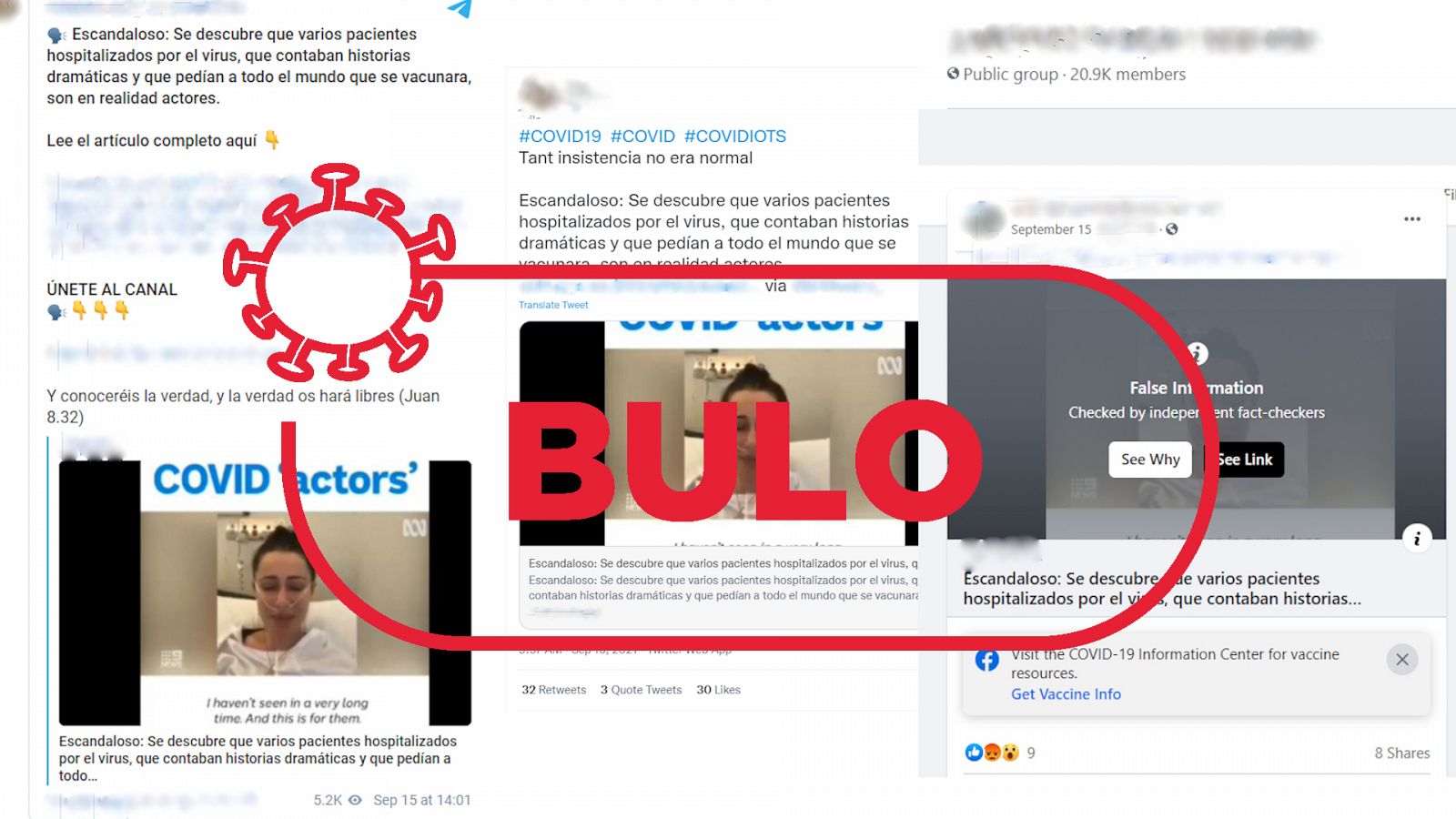Mensajes de Telegram, Twitter y Facebook que reproducen el bulo de que tres pacientes de coronavirus en Australia son actores, con el sello bulo en rojo de VerificaRTVE