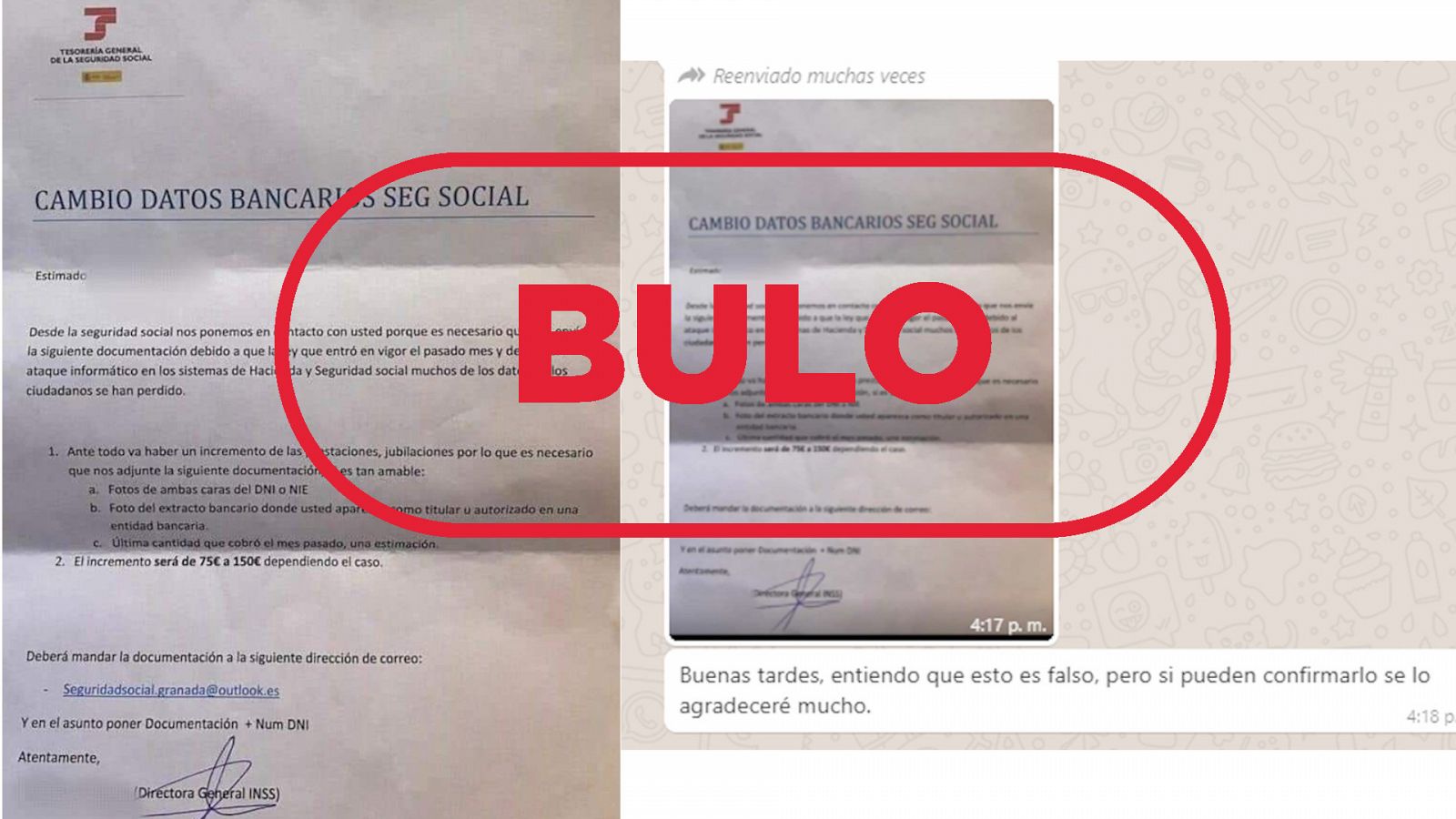 Imagen de la carta suplantando a la Seguridad Social y de un mensaje de Whatsapp preguntando si es cierta, con el sello bulo en rojo de VerificaRTVE