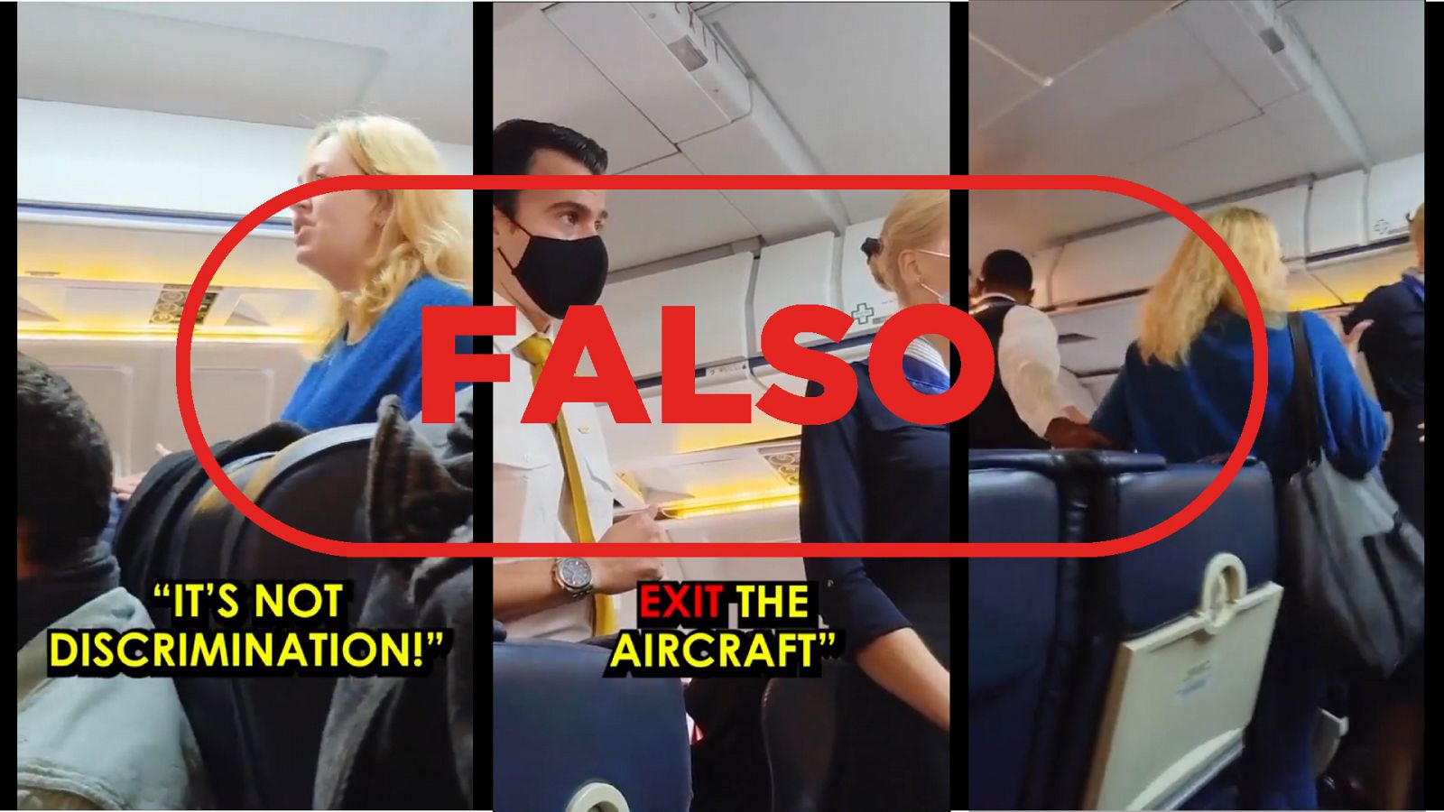 Varios momentos del vídeo falso de la pasajera expulsada: uno en el que se está quejando, otro en el que el piloto le pide salir del avión y cuando finalmente sale, con el sello "Falso" en rojo