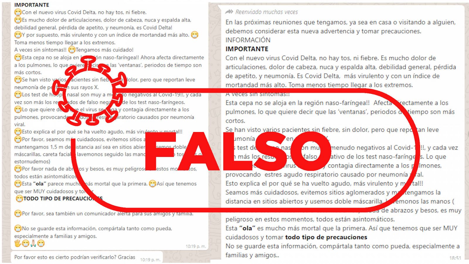  Dos ejemplos de mensajes que circulan con información inexacta sobre síntomas de la variante Delta (con sello rojo de Falso).