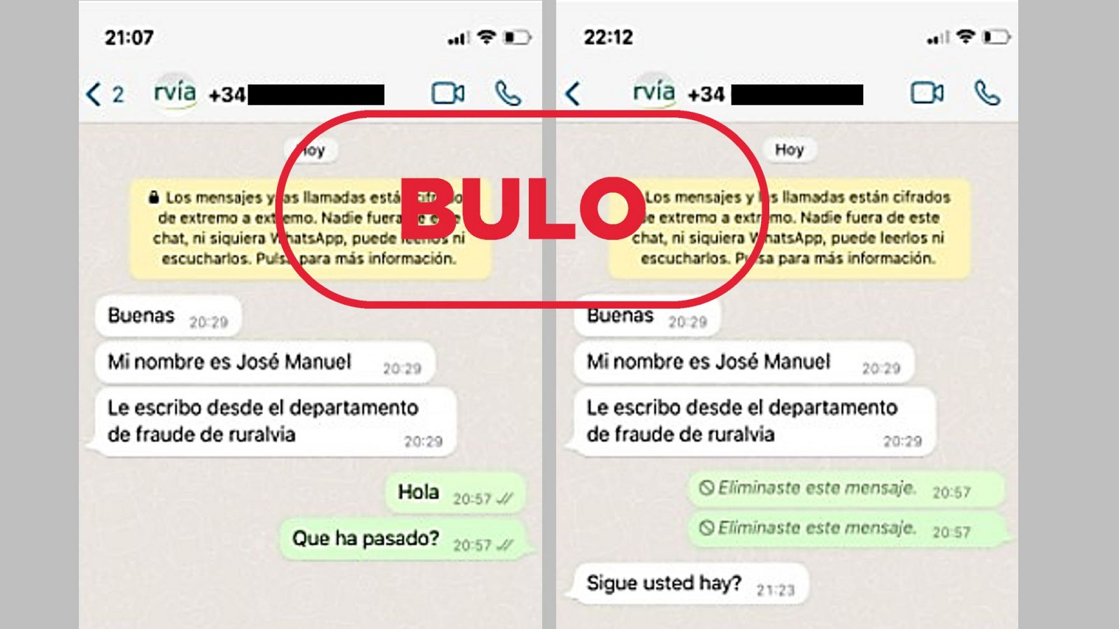 Mensajes de WhatsApp de un intento de phishing con texto de BULO