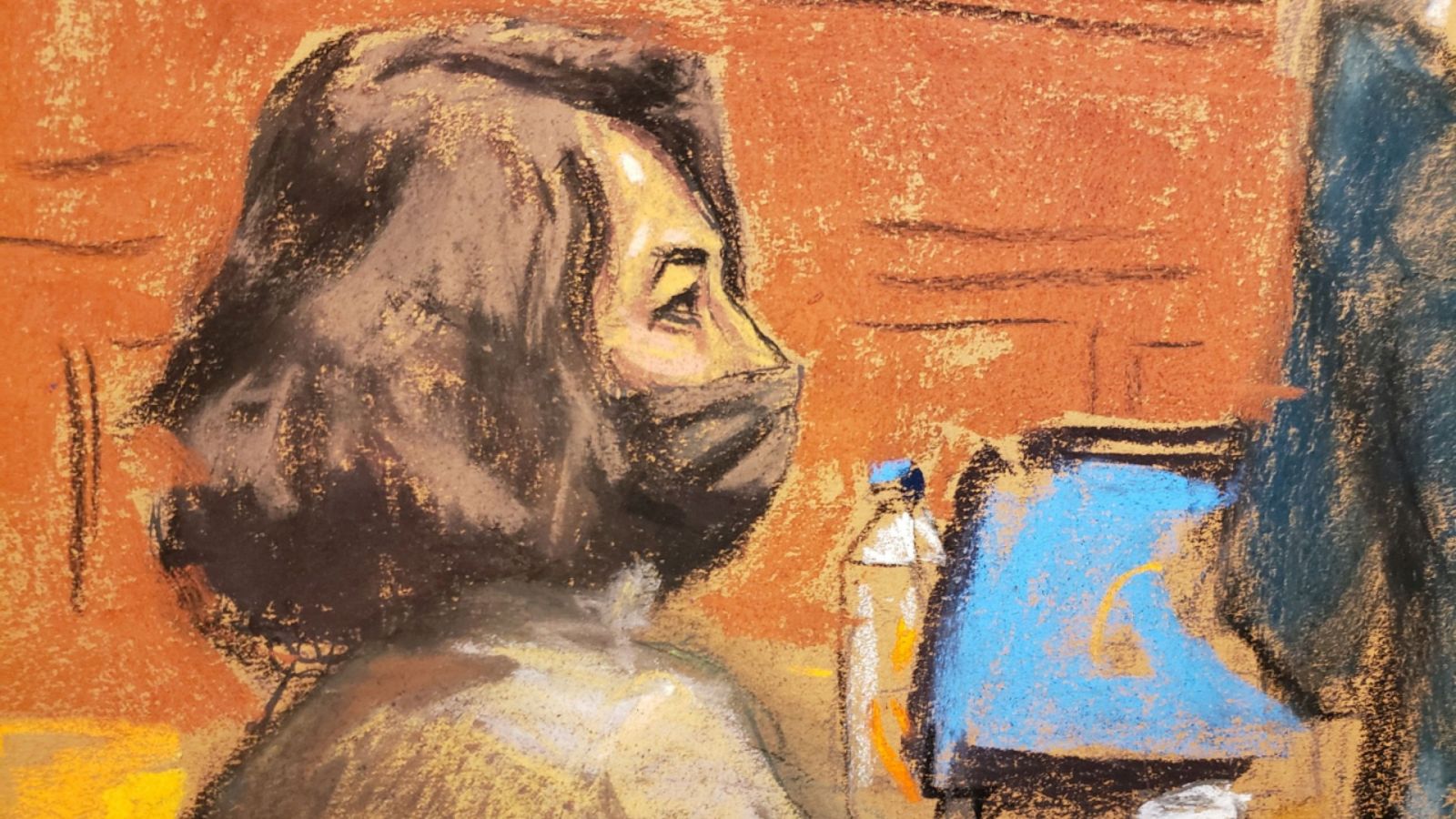 Un dibujo de Ghislaine Maxwell durante una sesión del juicio en su contra.