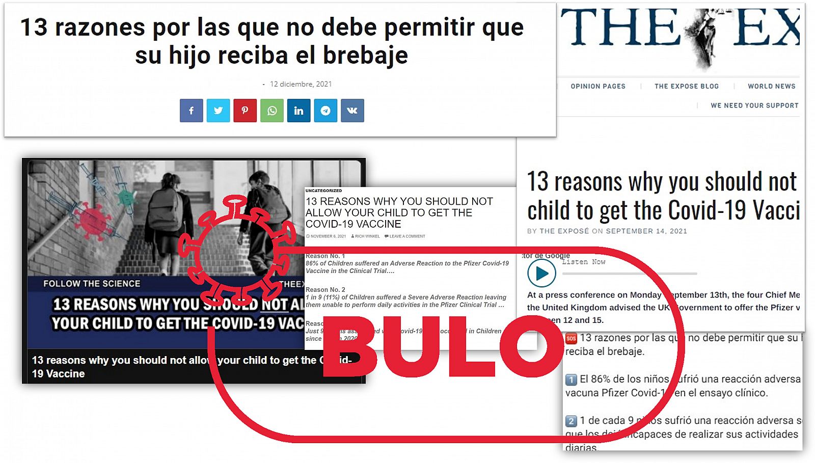 Varias imágenes del decálogo con informaciones falsas sobre vacunación infantil con sello Bulo