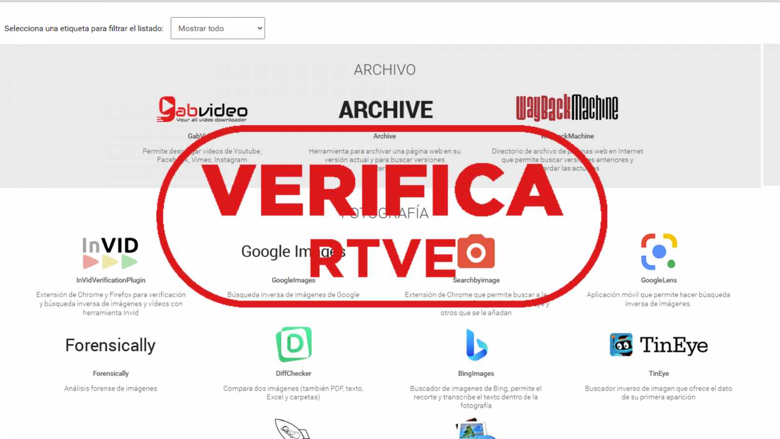 La Caja de herramientas básica de VerificaRTVE, con el sello rojo de VerificaRTVE
