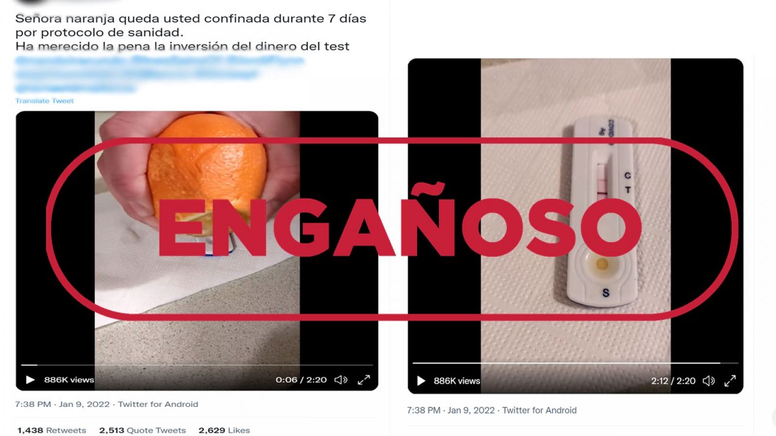 Mensaje de Twitter con el vídeo del zumo de naranja en un test de antígenos, con el sello engañoso de VerificaRTVE