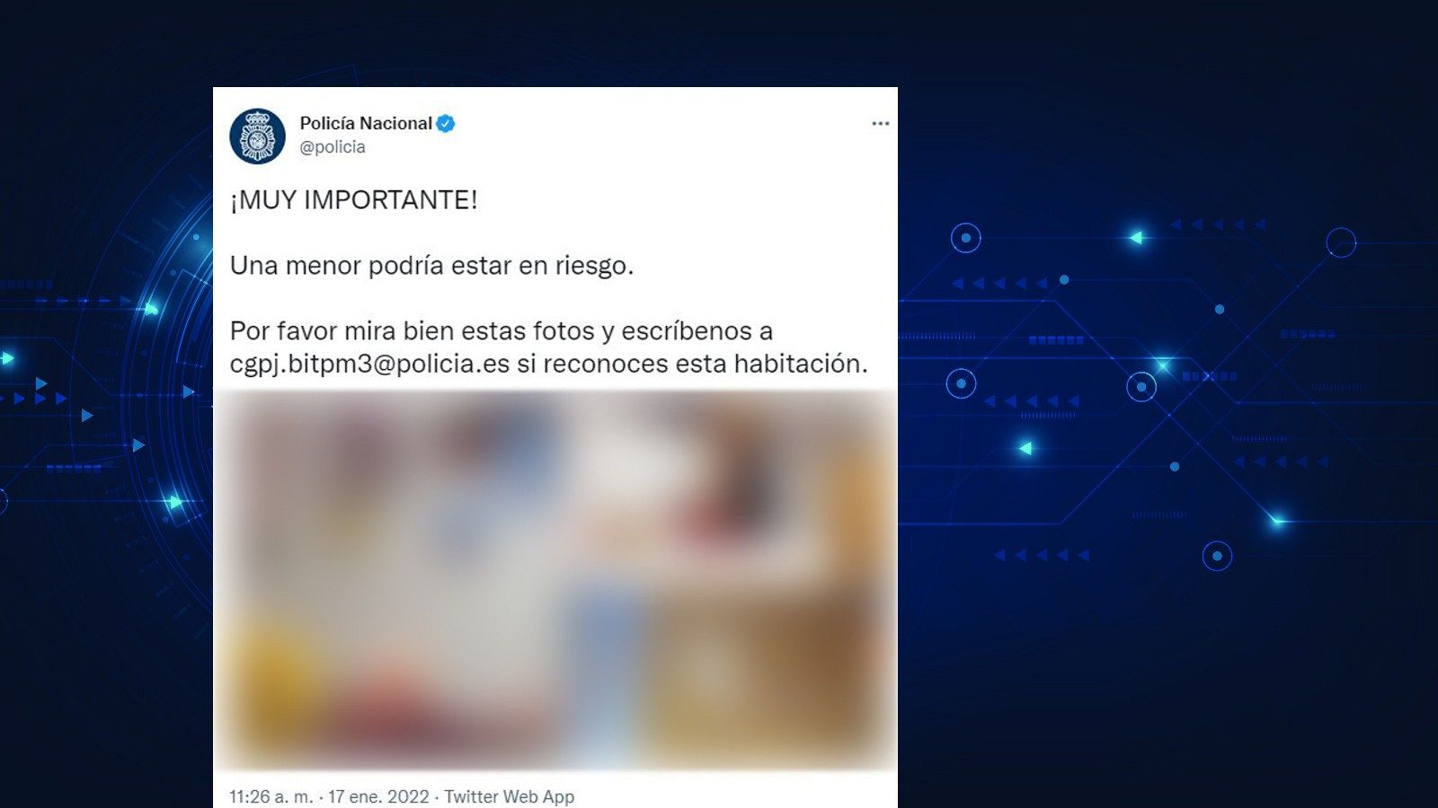Pantallazo del tuit de la Policía Nacional pidendo colaboración ciudadana para identificar un cuarto infantil