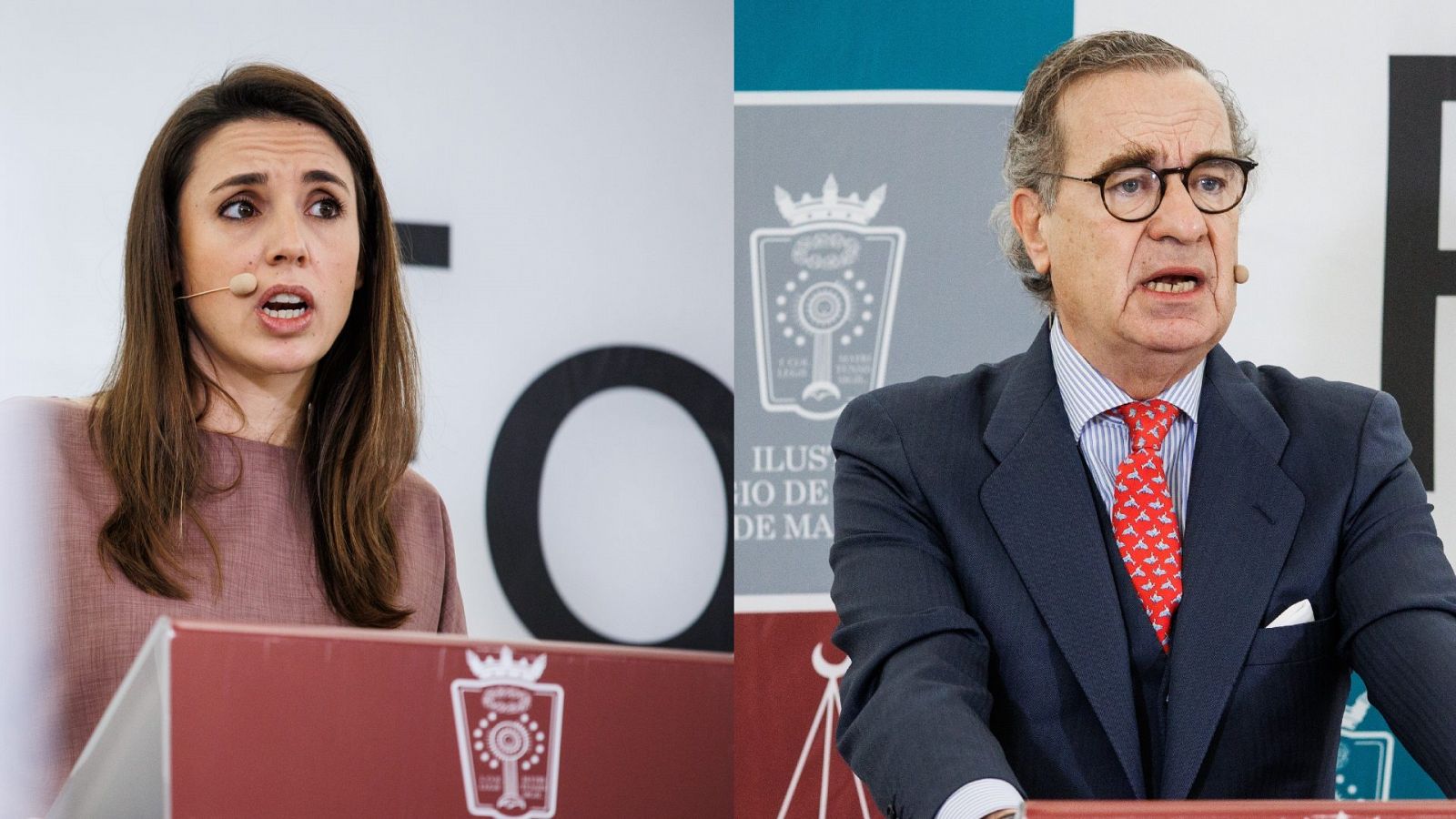 La ministra de Igualdad, Irene Montero (i), y el decano del ICAM, José María Alonso (d)