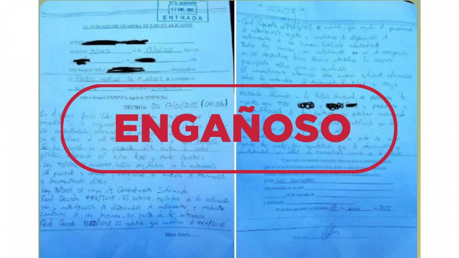 Fotografía de dos páginas de la denuncia contra un colegio de Alicante por vacunación infantil no consentida con el sello engañoso