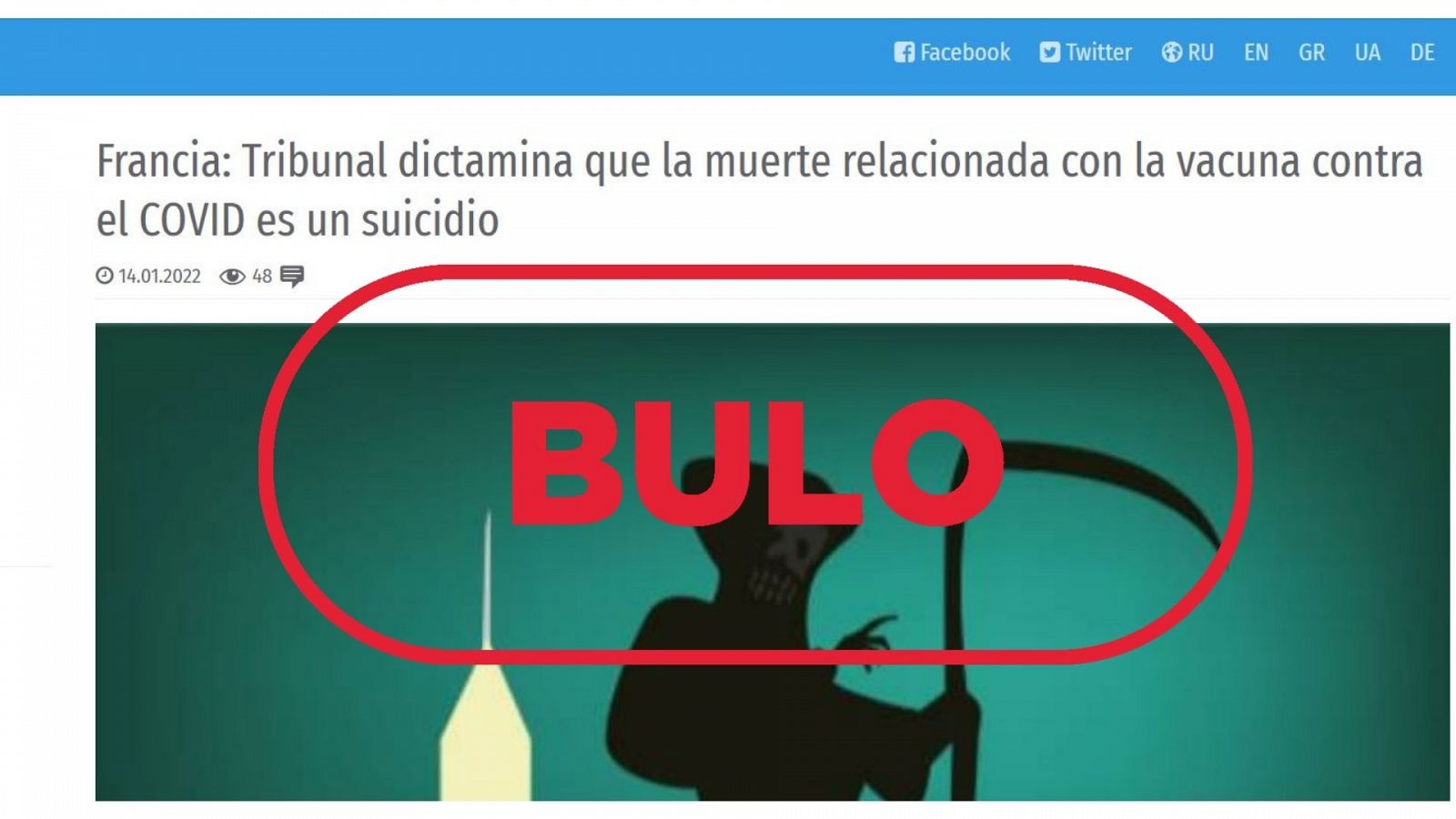 Captura del titular de una noticia con información engañosa sobre las vacunas contra la COVID-19 con el sello bulo