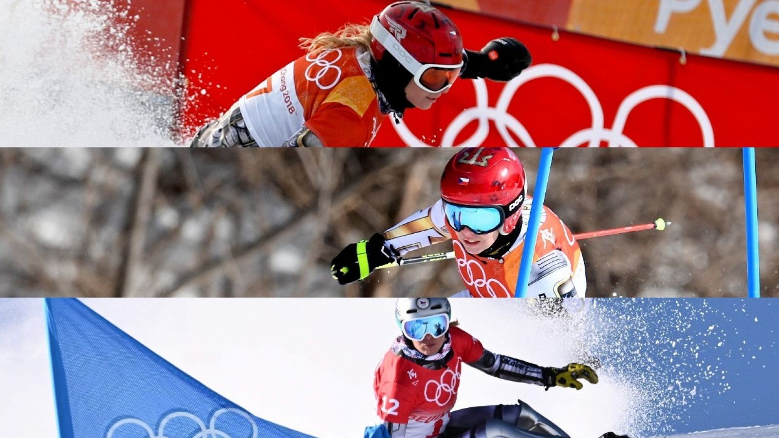 Fotomontaje con los tres oros olímpicos de la esquiadora checa Ester Ledecka.