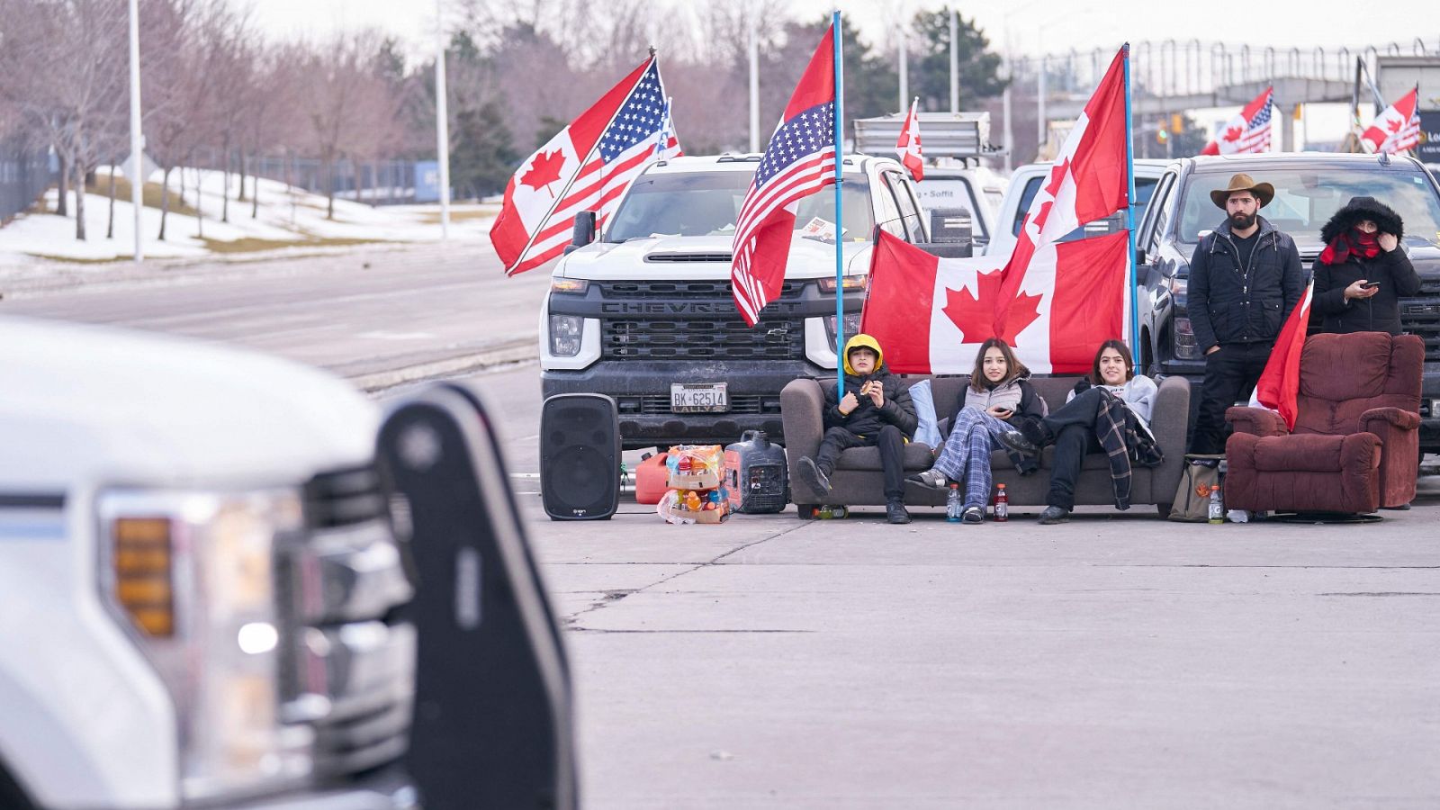Imagen del bloqueo en el puente Ambassador en Ontario, Canadá