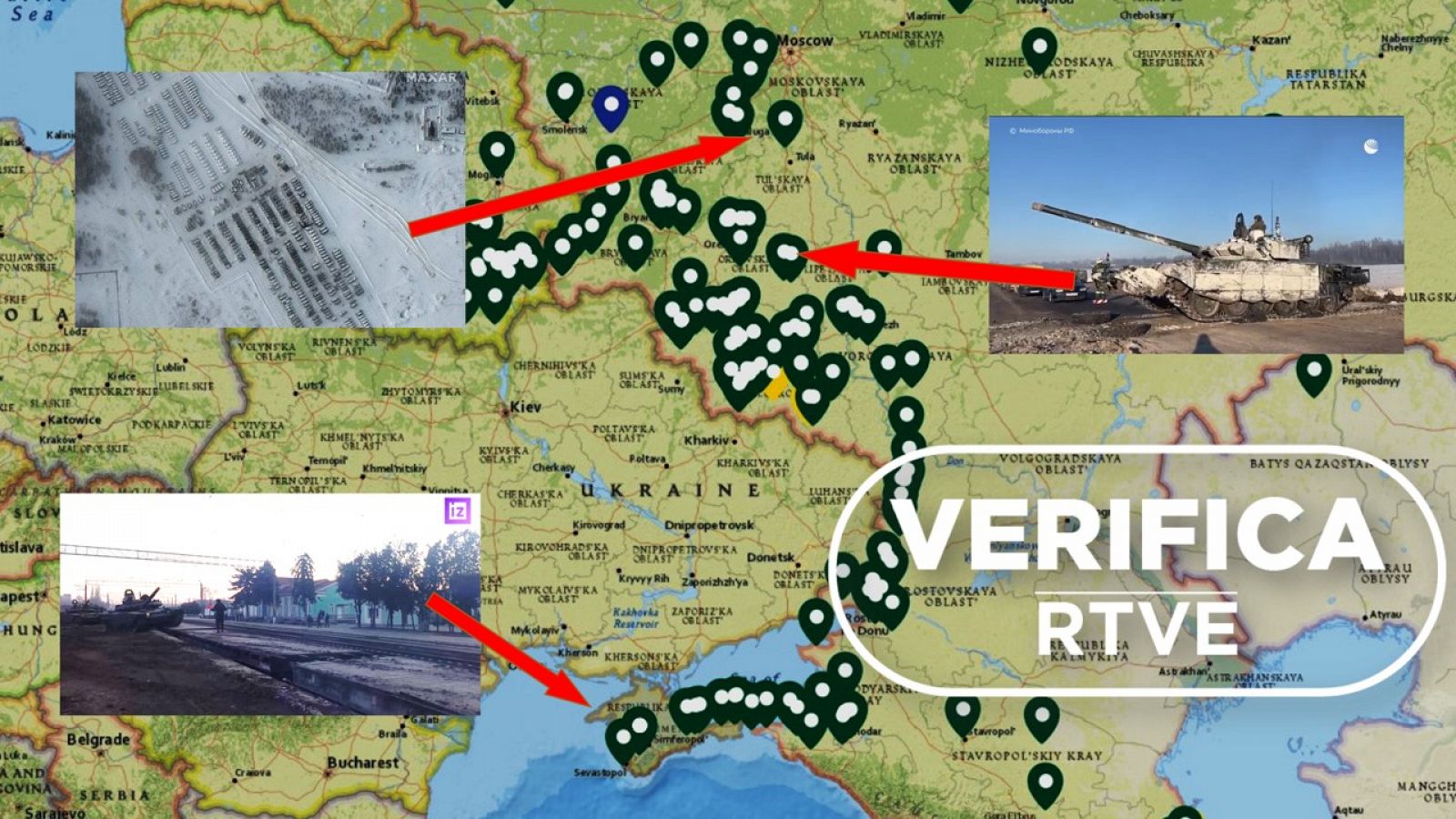 Mapa que muestra puntos donde se han observado despliegues recientes de medios militares rusos, con el sello blanco de VerificaRTVE