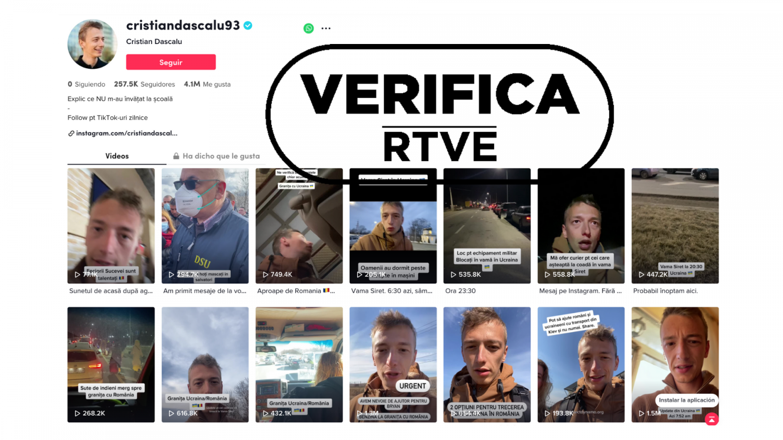 Perfil de Titk Tok de un joven que relata su huída de Kiev, con el sello VerificaRTVE