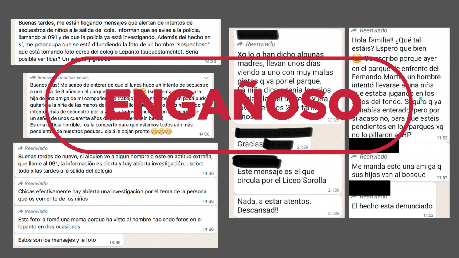 Captura de mensajes de WhatsApp que alertan sobre supuestos intentos de secuestro en Madrid, con el sello Engañoso