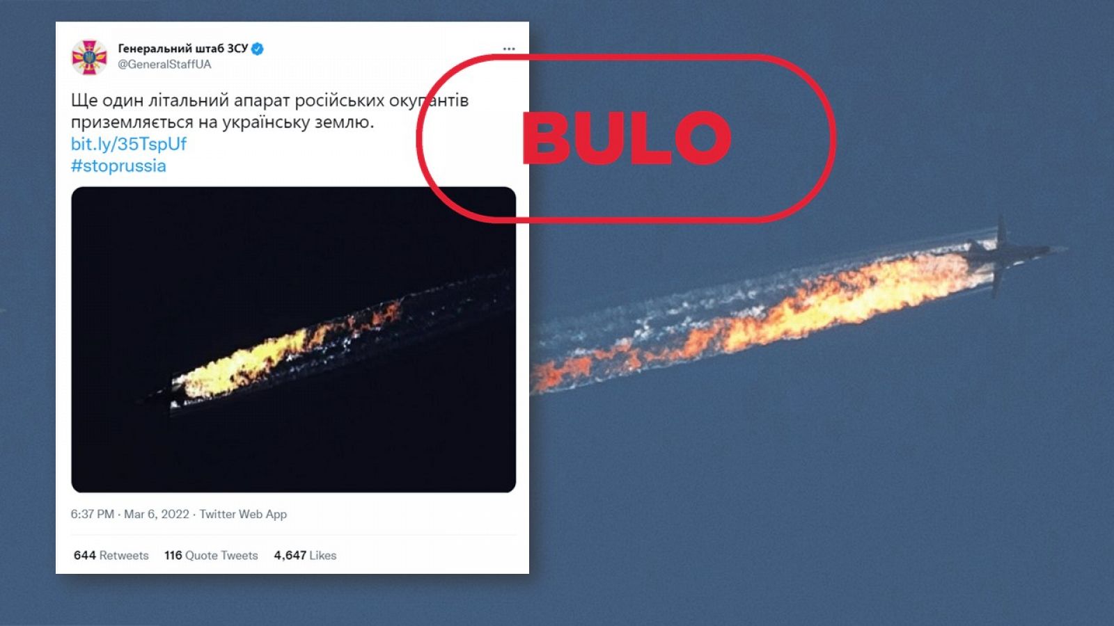 Imagen manipulada del avión ruso derribado en 2015 con el sello bulo