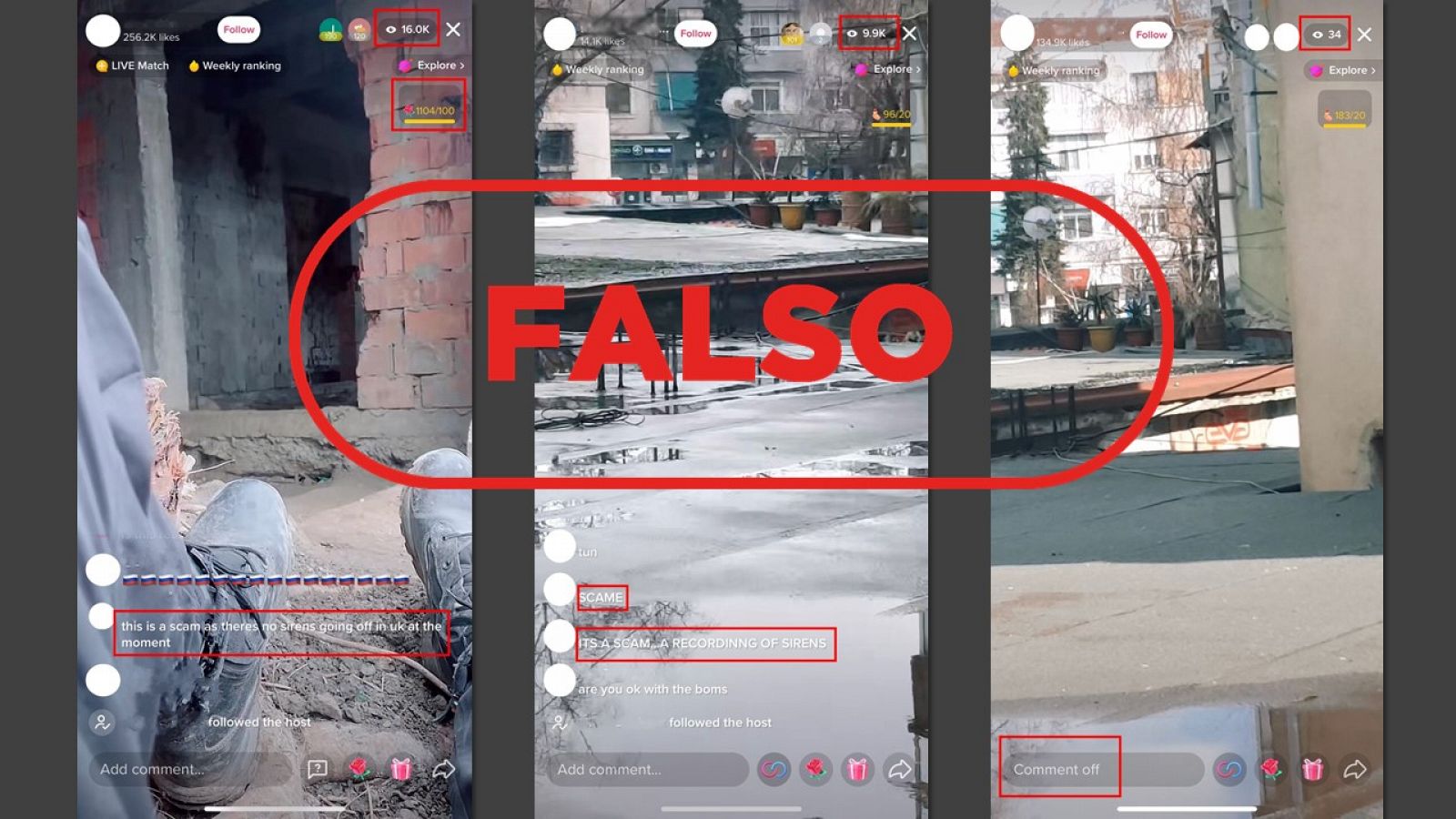 Captura de los tres directos de TikTok falsos encontrados y analizados con el sello falso