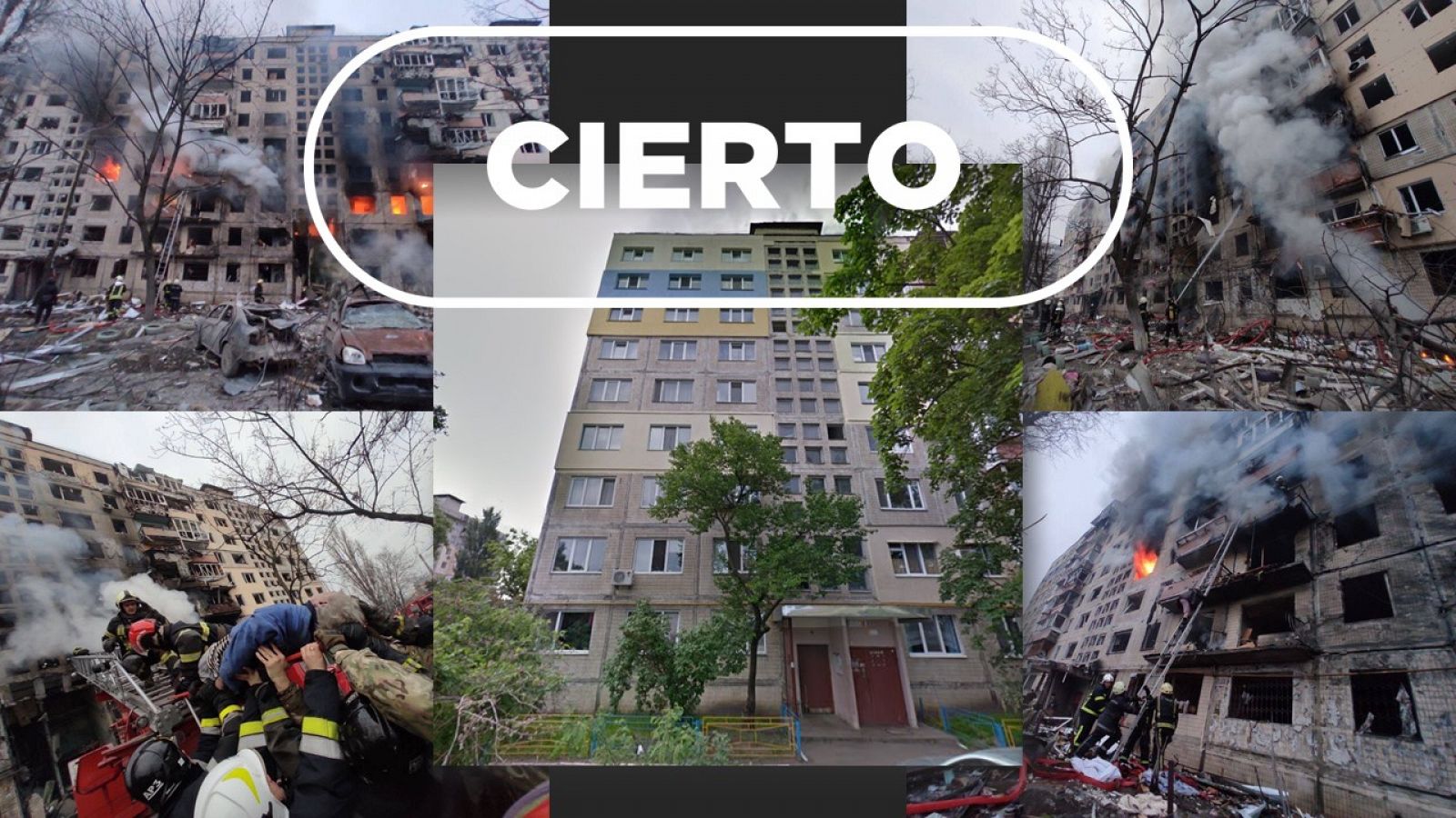 Imágenes del ataque a un edificio en Kiev y su localización en Google Maps con el sello cierto