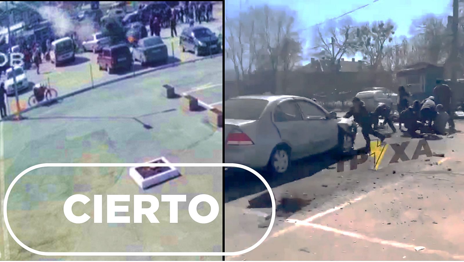 Imágenes de dos videos que reflejan la explosión junto a una cola de personas en Járkov sello Cierto