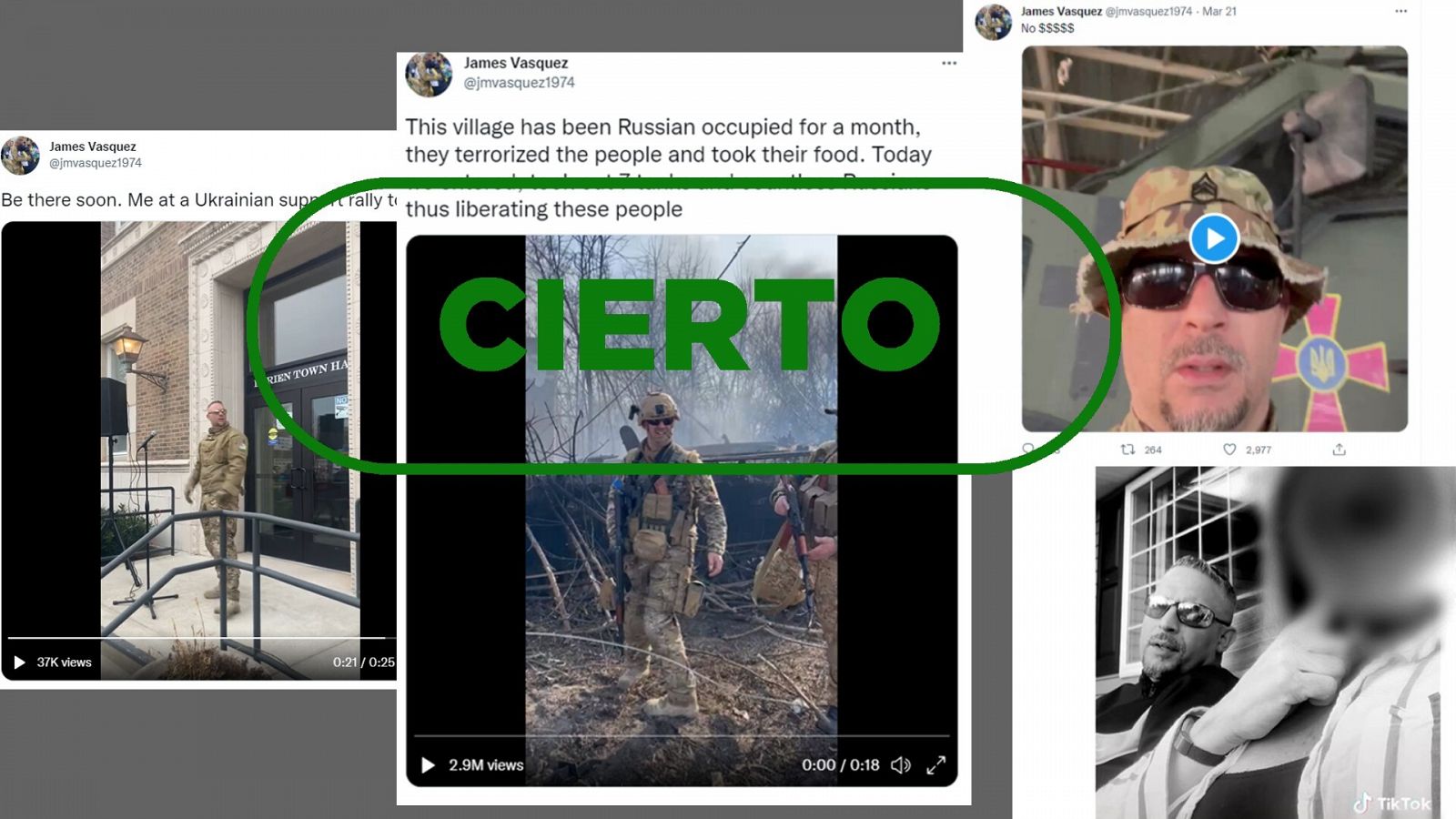 Imágenes del voluntario estadounidense James Vasquez en vídeos de redes sociales, con el sello Cierto en verde de VerificaRTVE